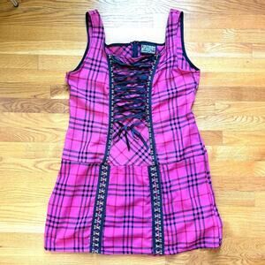 Vintage Lip Service Punk Goth Pink Plaid Lace-Up Hooks Dress Size 16
